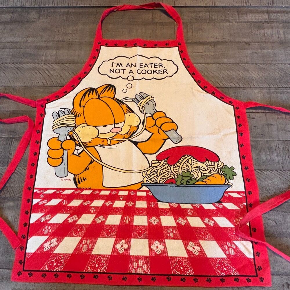 Vintage PAWS Garfield "I'm An Eater" Woven-Style Apron Plaid Spaghetti